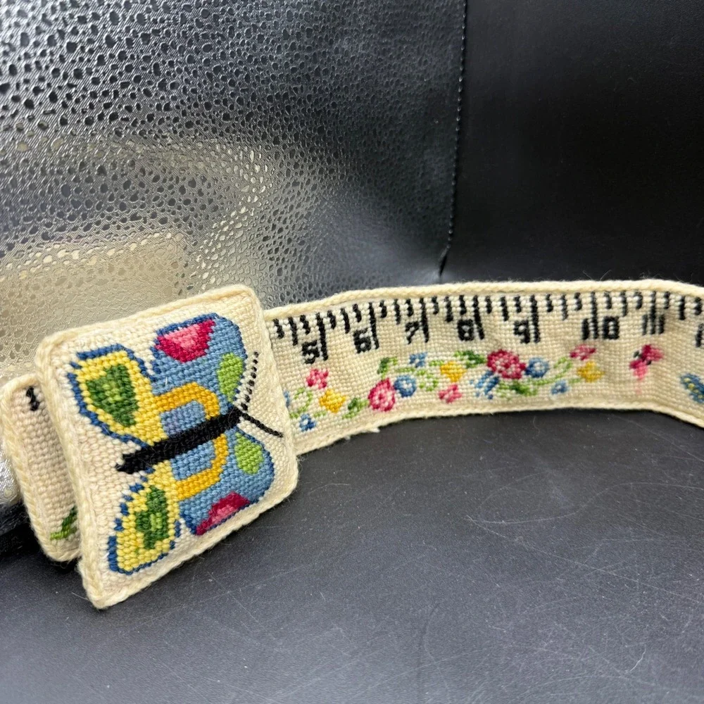Vtg Handmade Needlepoint Butterfly Ruler Belt Decoration Floral Sew Cottage - Picture 2 of 8